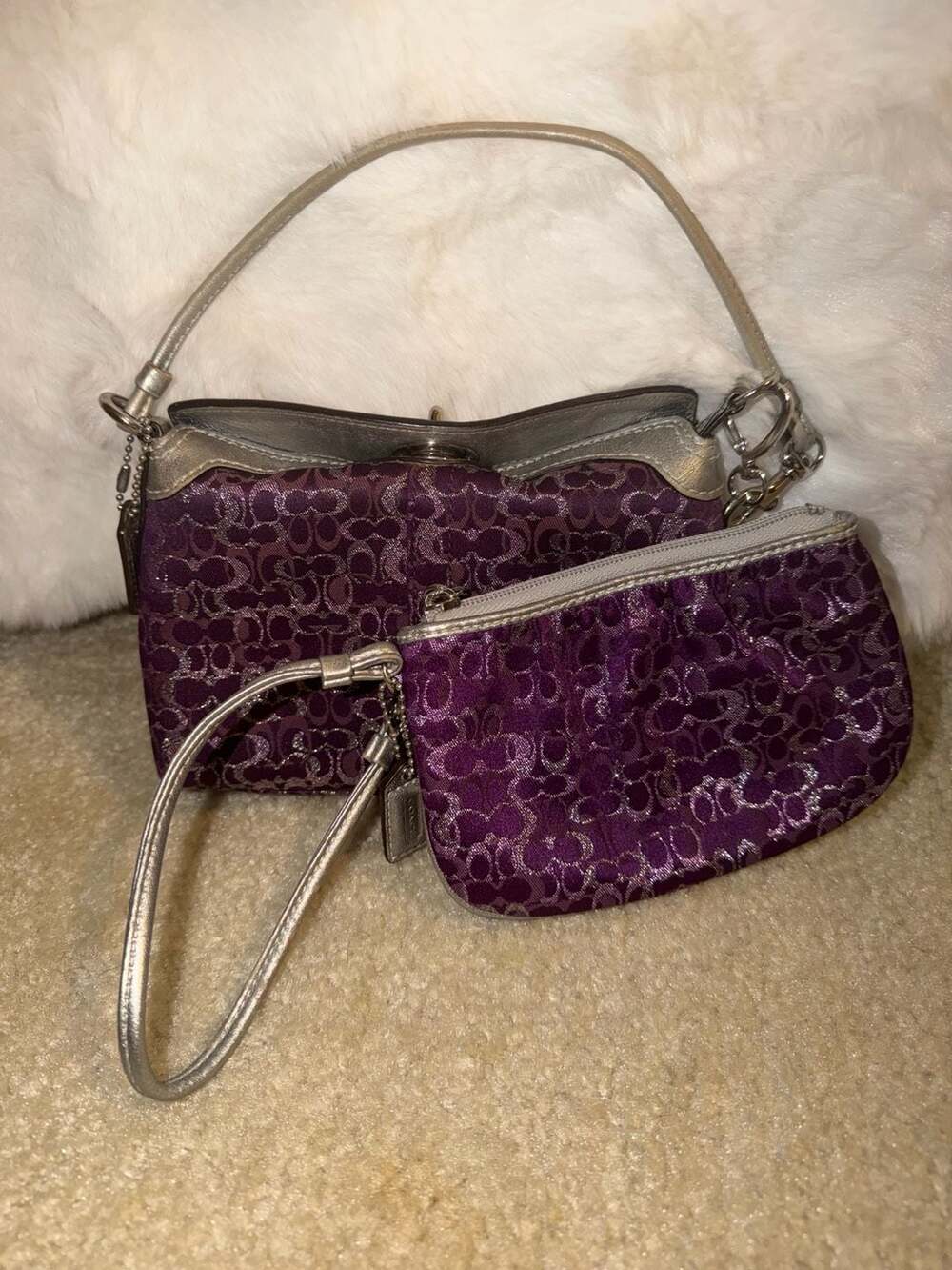 Coach Purple Metallic Lurex Signature C Pochette Handbag and Wristlet Set